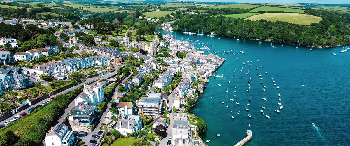 An aerial view over Falmouth in Cornwall, England
